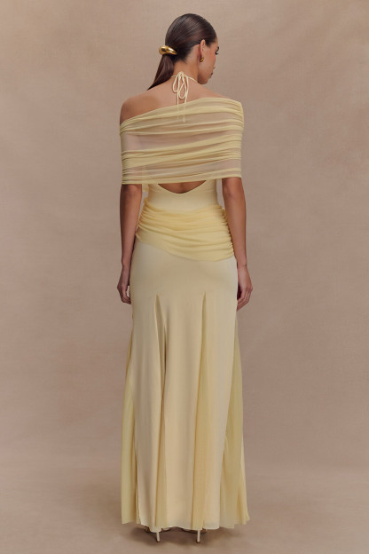 Ruched Mesh Patchwork Slim Fit Halter Maxi Dresses-Yellow [Pre Order]