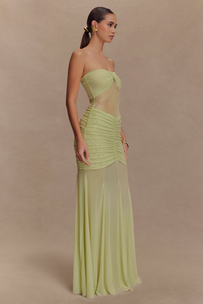 Lace Patchwork Ruched Bodycon Strapless Maxi Dresses-Green [Pre Order]