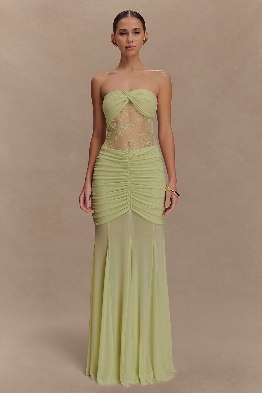 Lace Patchwork Ruched Bodycon Strapless Maxi Dresses-Green [Pre Order]