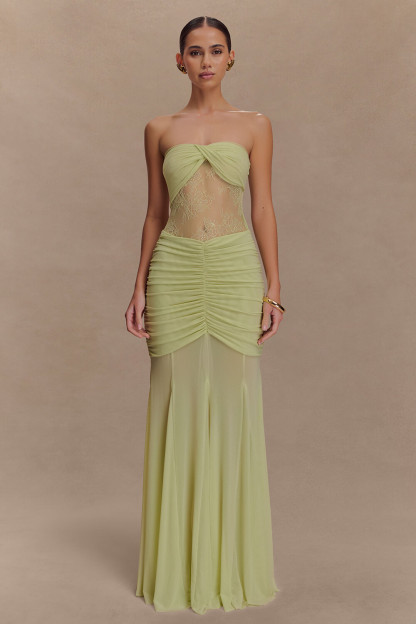 Lace Patchwork Ruched Bodycon Strapless Maxi Dresses-Green [Pre Order]