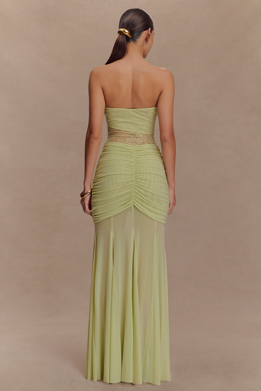 Lace Patchwork Ruched Bodycon Strapless Maxi Dresses-Green [Pre Order]