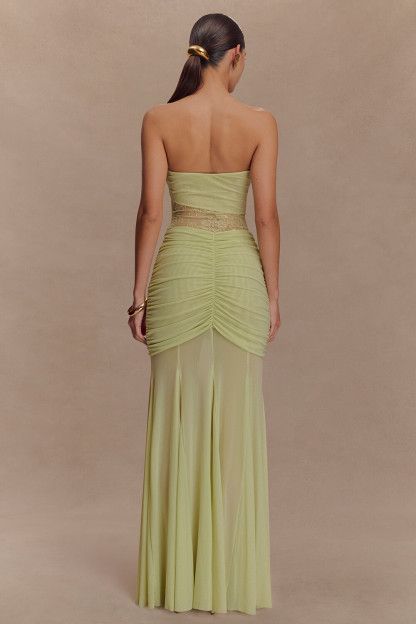 Lace Patchwork Ruched Bodycon Strapless Maxi Dresses-Green [Pre Order]