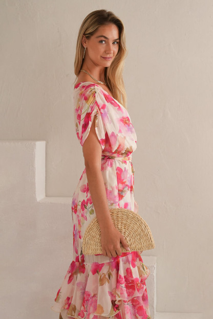 Floral Print V Neck Tie Up Ruffled High-Low Hem Midi Dresses-Pink [Pre Order]