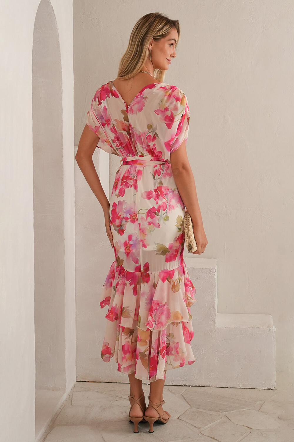 Floral Print V Neck Tie Up Ruffled High-Low Hem Midi Dresses-Pink [Pre Order]