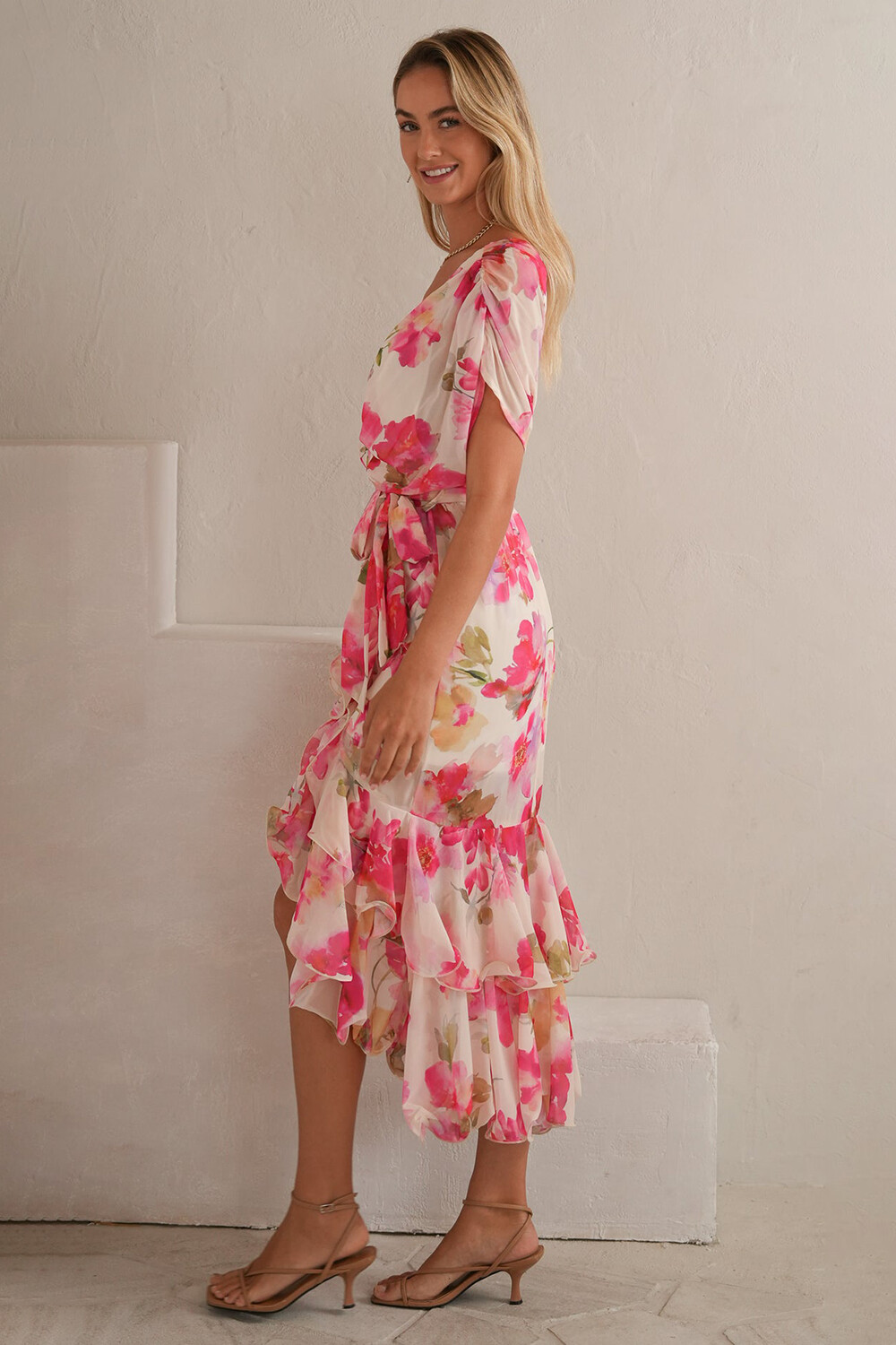 Floral Print V Neck Tie Up Ruffled High-Low Hem Midi Dresses-Pink [Pre Order]