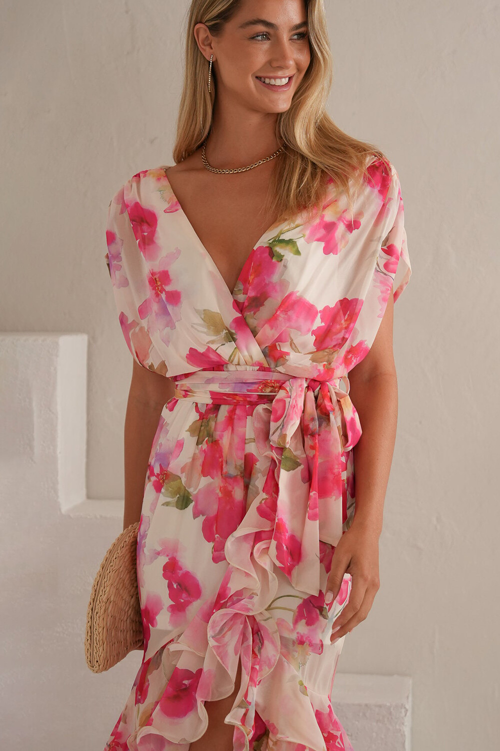 Floral Print V Neck Tie Up Ruffled High-Low Hem Midi Dresses-Pink [Pre Order]