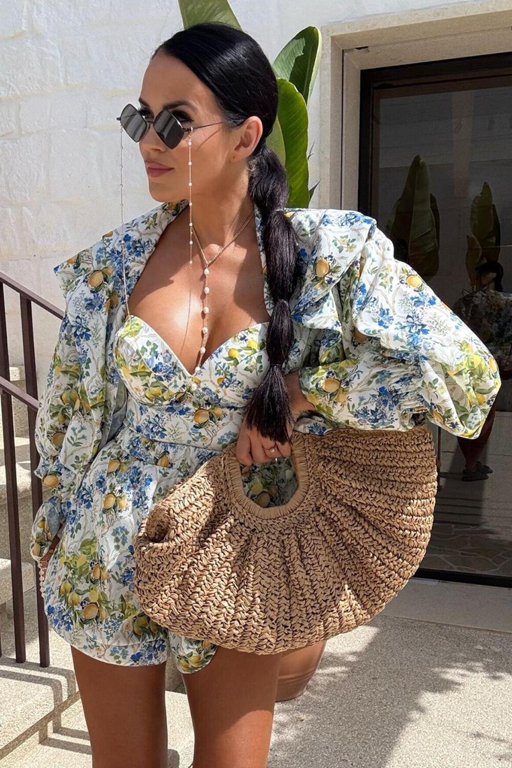 Floral Lemon Print Blouse Strapless Top Shorts 3pcs Set-White [Pre Ord