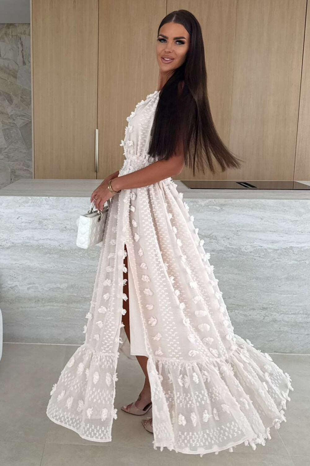 3D Flower Decor Halterneck Cinch Waist Slit Maxi Dresses-Nude [Pre Order]
