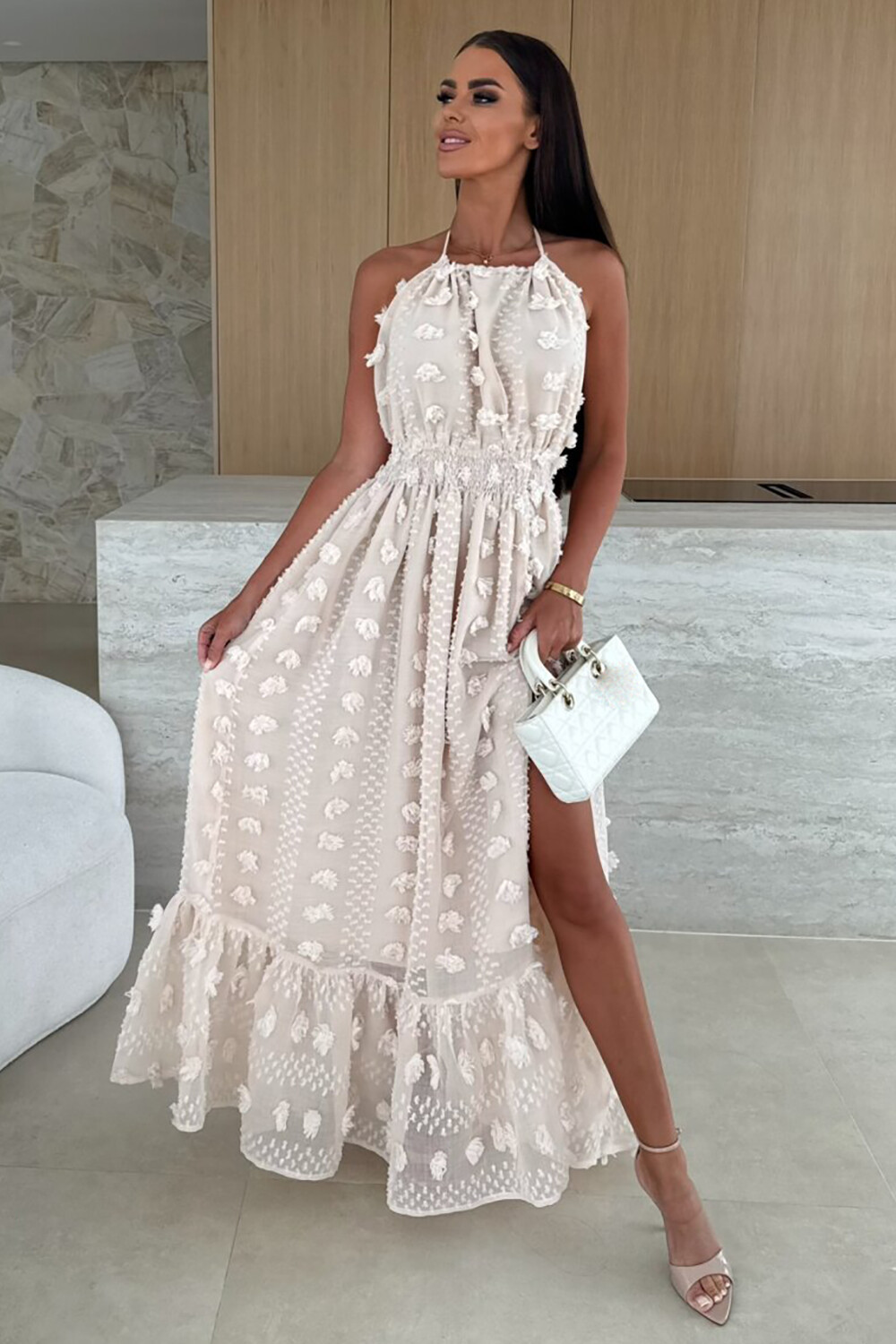 3D Flower Decor Halterneck Cinch Waist Slit Maxi Dresses-Nude [Pre Ord