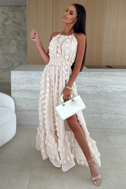3D Flower Decor Halterneck Cinch Waist Slit Maxi Dresses-Nude [Pre Order]