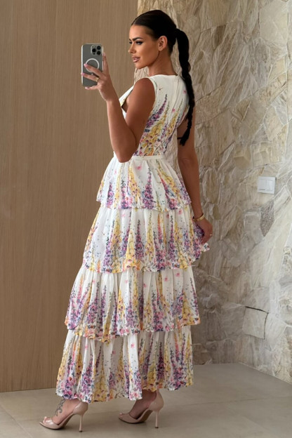 Floral Print Tiered Hem V Neck Tie Belt Maxi Tank Dresses-White [Pre Order]