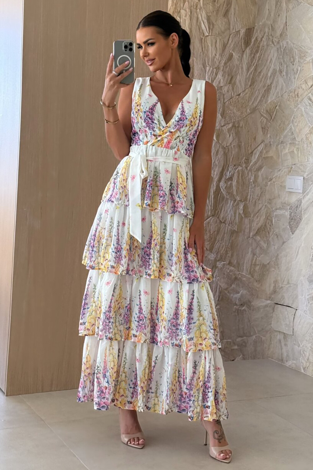 Floral Print Tiered Hem V Neck Tie Belt Maxi Tank Dresses-White [Pre Order]