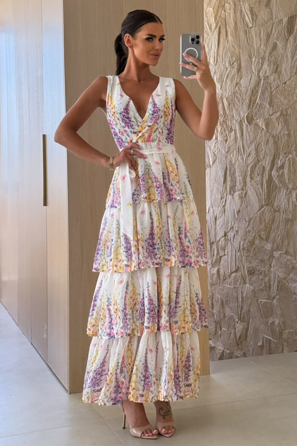 Floral Print Tiered Hem V Neck Tie Belt Maxi Tank Dresses-White [Pre Order]