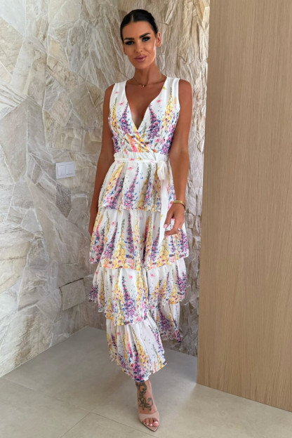 Floral Print Tiered Hem V Neck Tie Belt Maxi Tank Dresses-White [Pre Order]