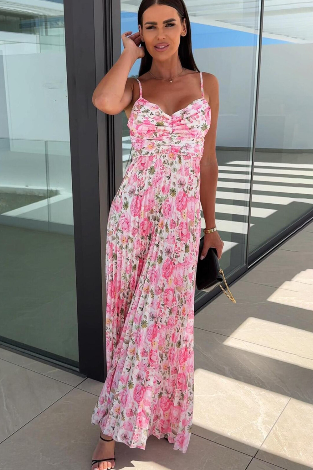 Floral Print V Neck Tie Up Backless Pleated Slip Maxi Dresses-Pink [Pre Order]