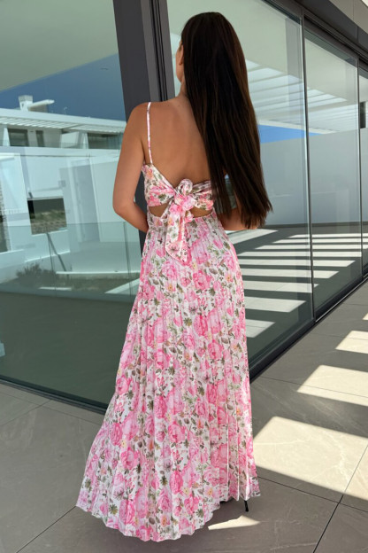 Floral Print V Neck Tie Up Backless Pleated Slip Maxi Dresses-Pink [Pre Order]