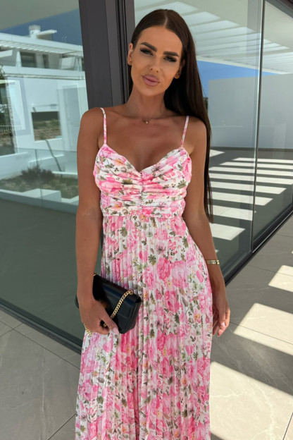 Floral Print V Neck Tie Up Backless Pleated Slip Maxi Dresses-Pink [Pre Order]