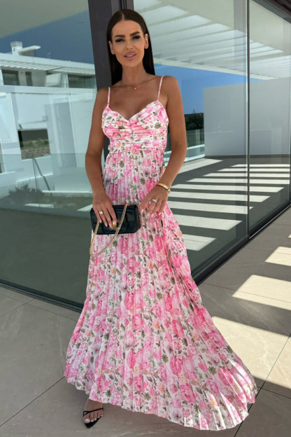 Floral Print V Neck Tie Up Backless Pleated Slip Maxi Dresses-Pink [Pre Order]