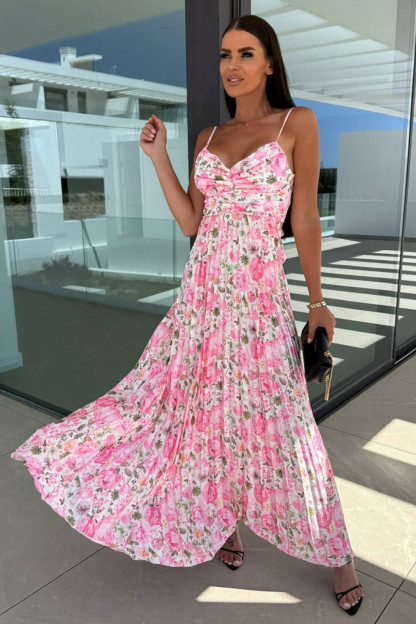 Floral Print V Neck Tie Up Backless Pleated Slip Maxi Dresses-Pink [Pre Order]