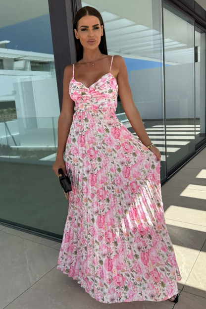 Floral Print V Neck Tie Up Backless Pleated Slip Maxi Dresses-Pink [Pre Order]