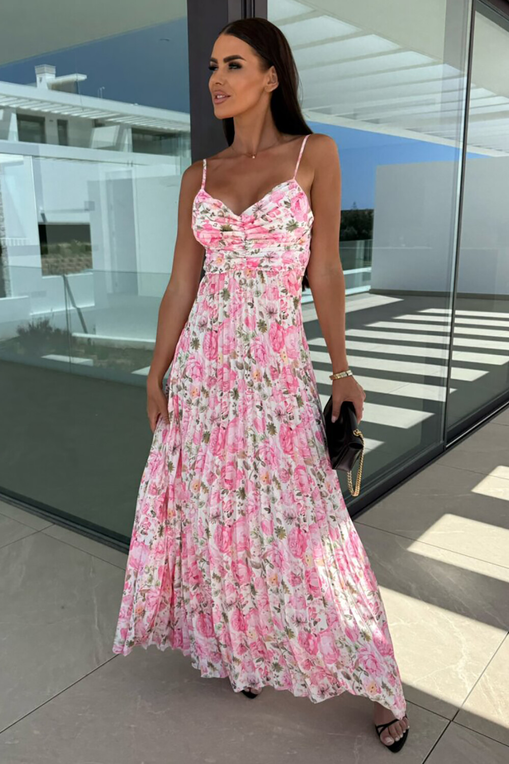 Floral Print V Neck Tie Up Backless Pleated Slip Maxi Dresses-Pink [Pre Order]