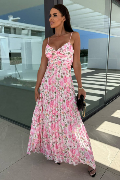 Floral Print V Neck Tie Up Backless Pleated Slip Maxi Dresses-Pink [Pre Order]