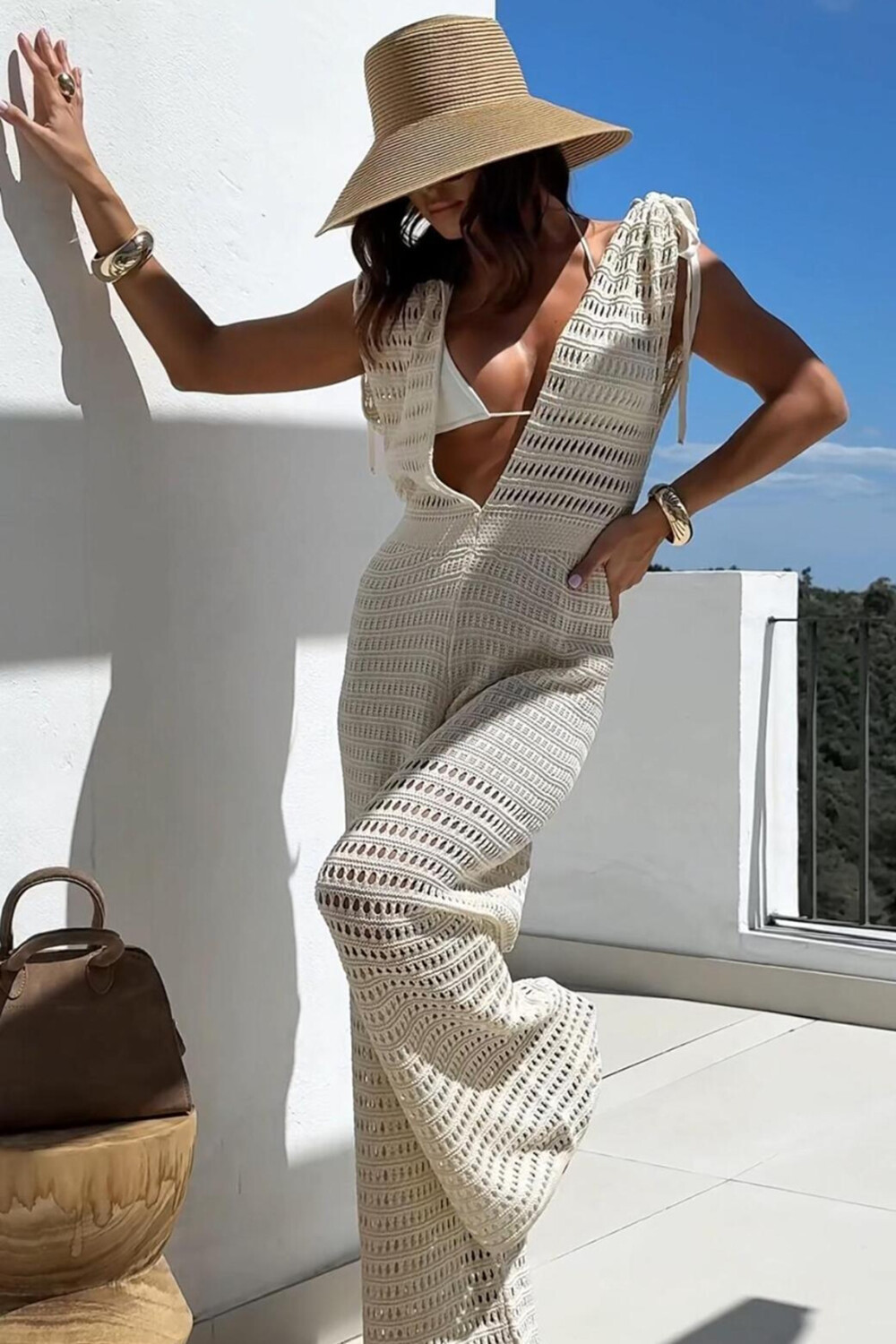 Hollow Out Knit Deep V Neck Wide Leg Sleeveless Jumpsuit-OffWhite [Pre Order]