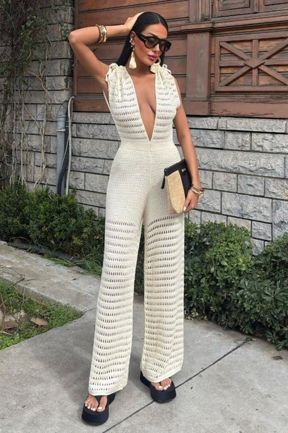 Hollow Out Knit Deep V Neck Wide Leg Sleeveless Jumpsuit-OffWhite [Pre Order]