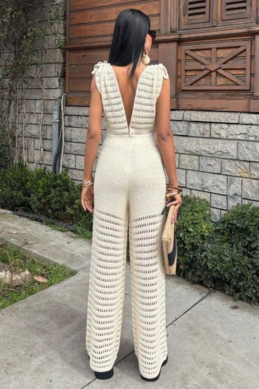 Hollow Out Knit Deep V Neck Wide Leg Sleeveless Jumpsuit-OffWhite [Pre Order]