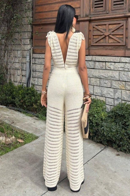Hollow Out Knit Deep V Neck Wide Leg Sleeveless Jumpsuit-OffWhite [Pre Order]
