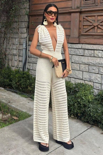 Hollow Out Knit Deep V Neck Wide Leg Sleeveless Jumpsuit-OffWhite [Pre Order]