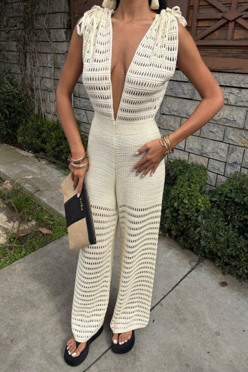 Hollow Out Knit Deep V Neck Wide Leg Sleeveless Jumpsuit-OffWhite [Pre Order]