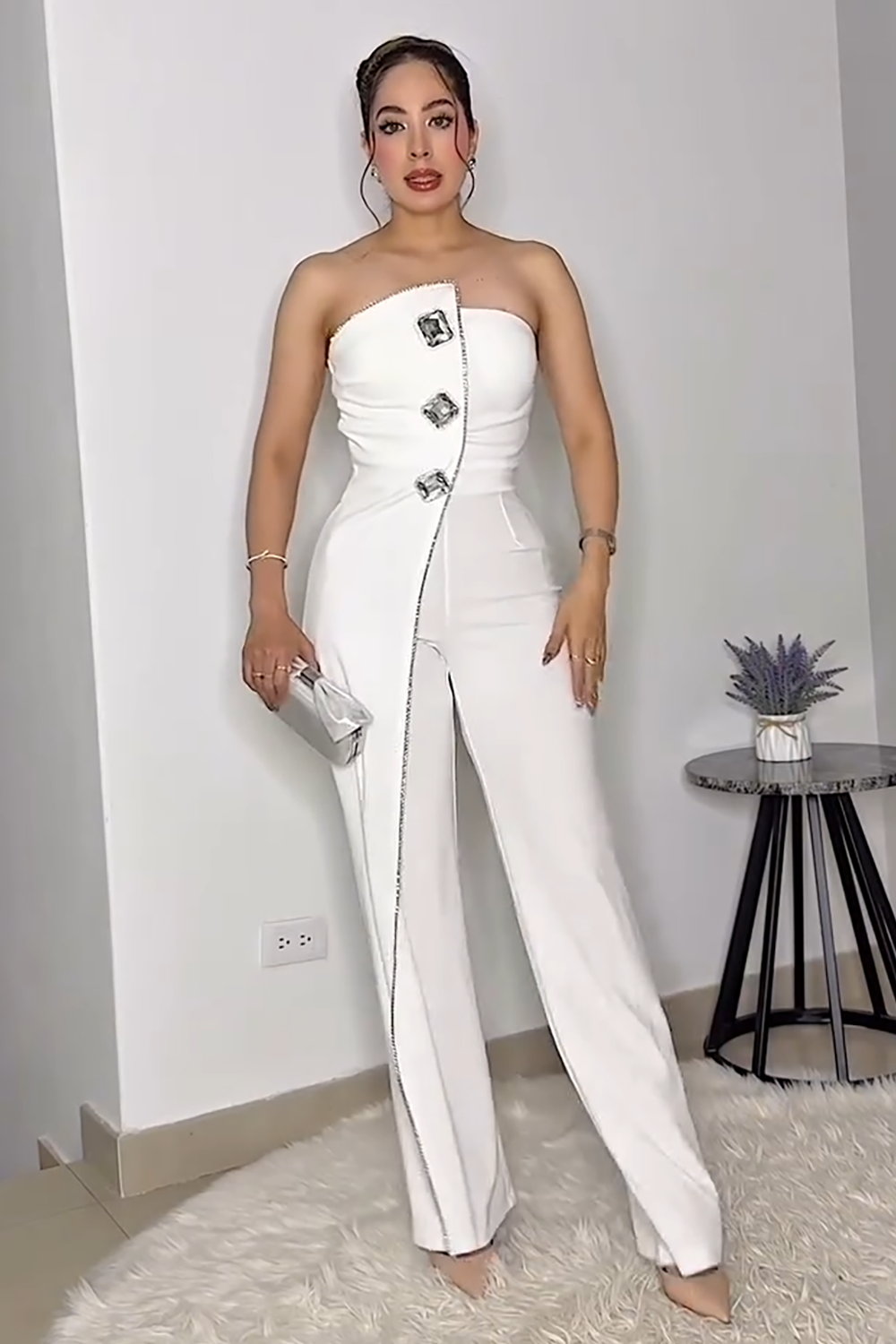 Rhinestone Decor Overlay Design Strapless Jumpsuit-White [Pre Order]