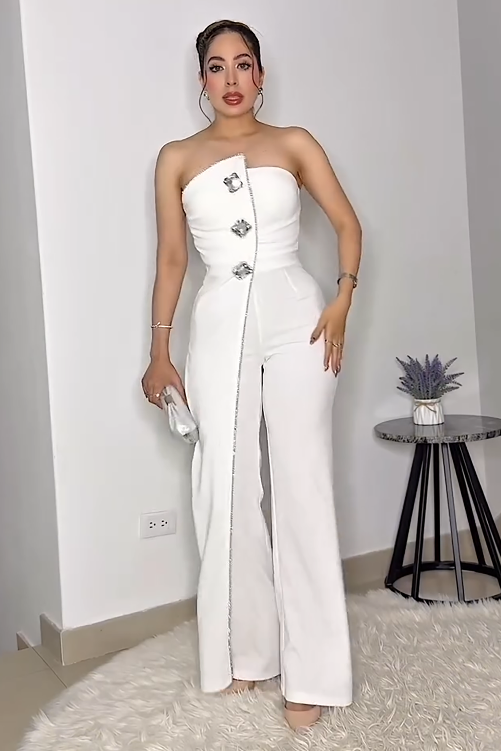 Rhinestone Decor Overlay Design Strapless Jumpsuit-White [Pre Order]