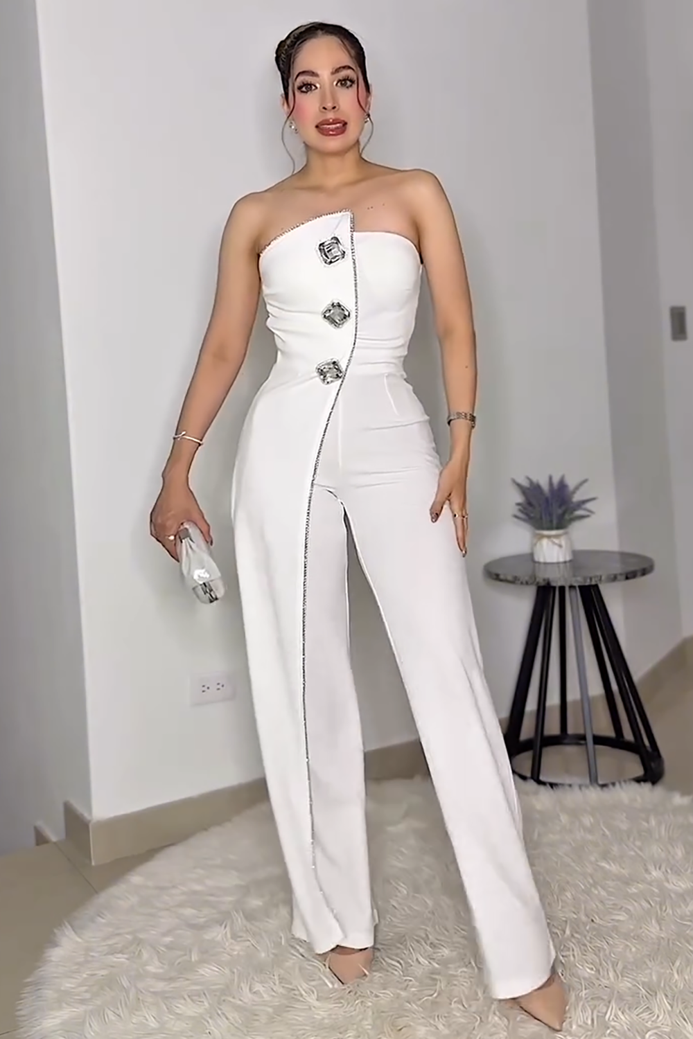 Rhinestone Decor Overlay Design Strapless Jumpsuit-White [Pre Order]