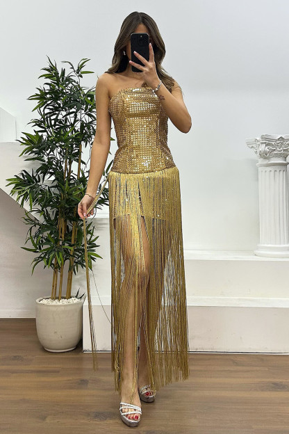 Strapless Sequin Slim Fit Fringed Hem Maxi Dresses-Gold [Pre Order]
