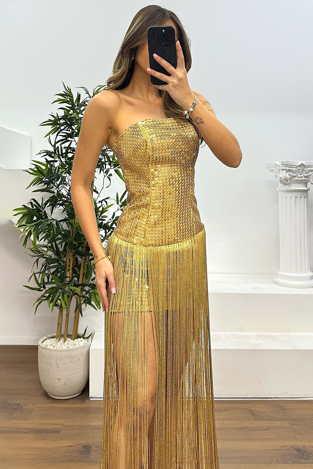 Strapless Sequin Slim Fit Fringed Hem Maxi Dresses-Gold [Pre Order]