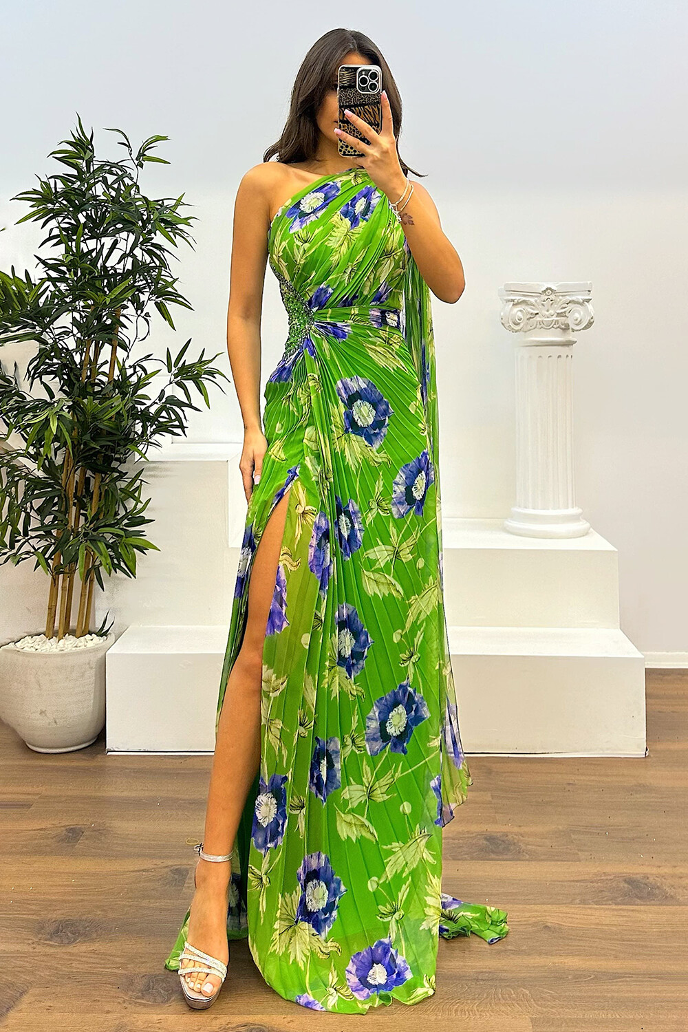 Floral Print One Shoulder Cape Gowns Slit Maxi Dresses-Green [Pre Order]