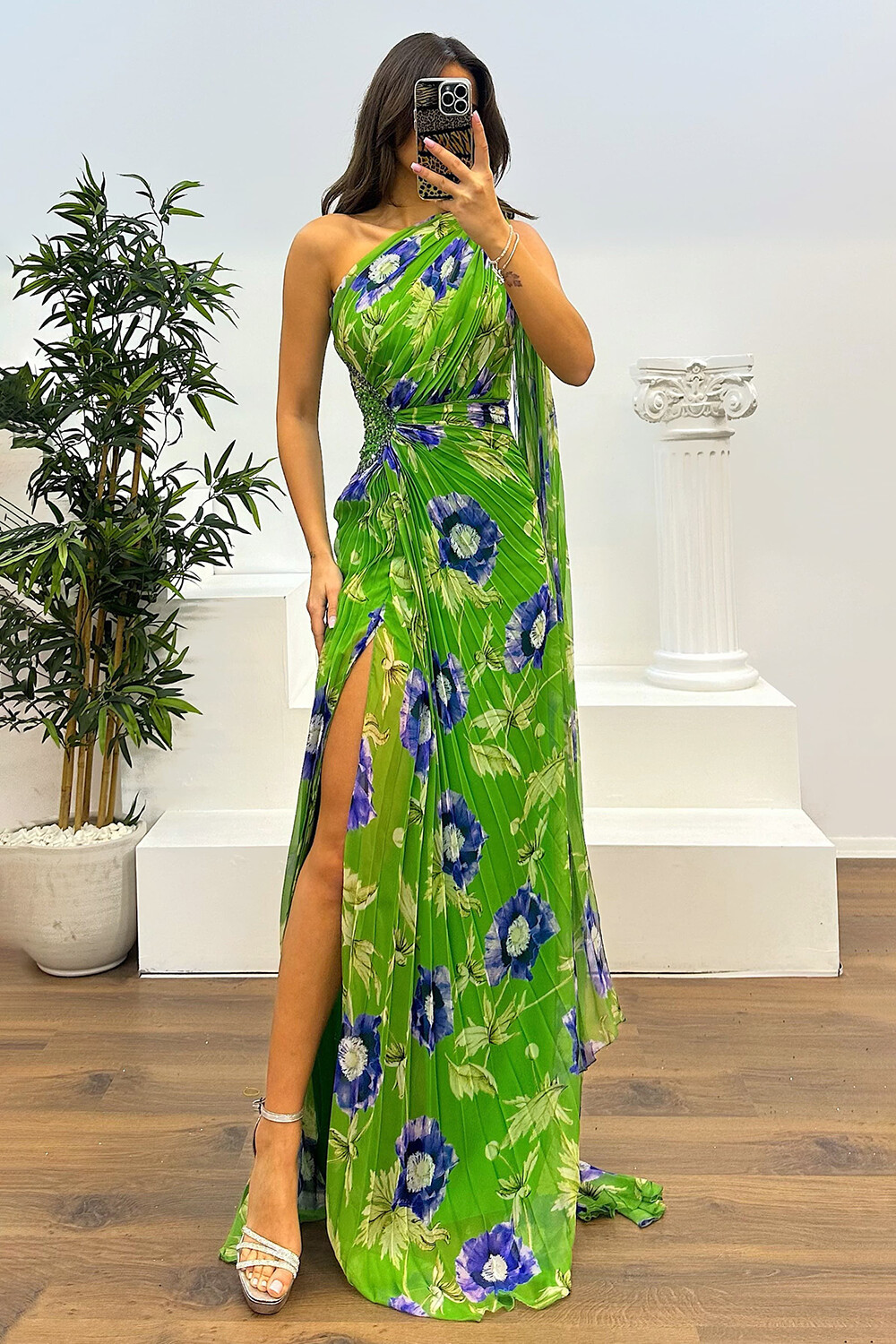 Floral Print One Shoulder Cape Gowns Slit Maxi Dresses-Green [Pre Orde