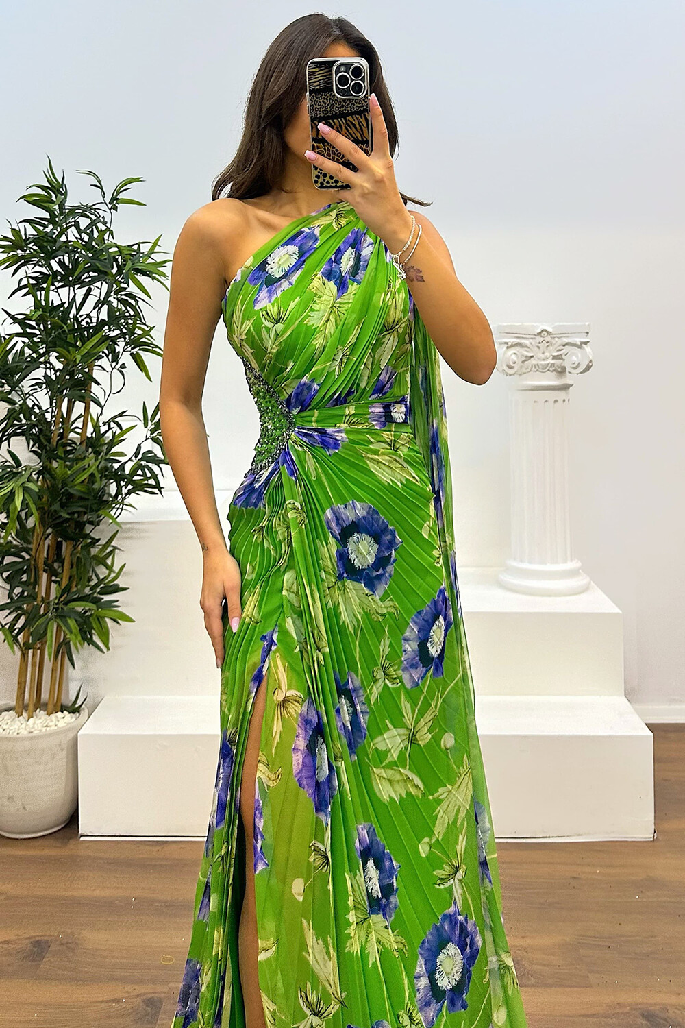 Floral Print One Shoulder Cape Gowns Slit Maxi Dresses-Green [Pre Order]