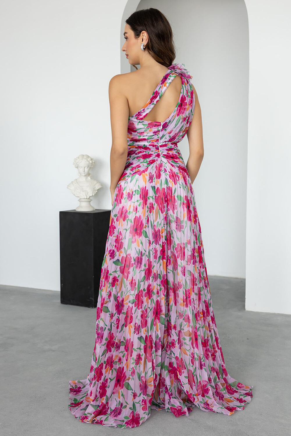 3D Flower One Shoulder Cutout Floral Print Maxi Dresses-Fuchsia [Pre Order]