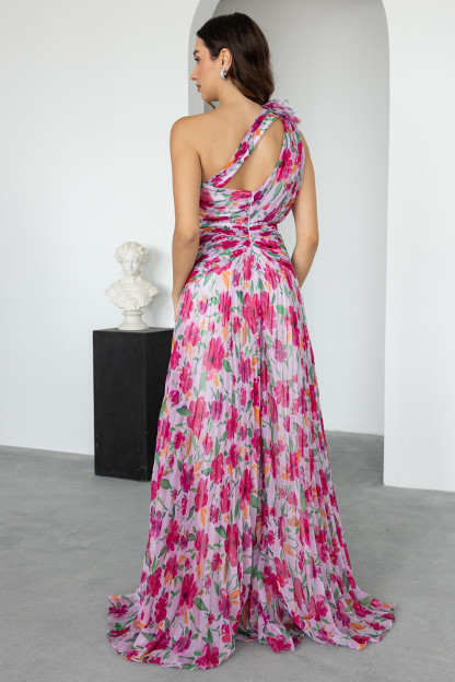 3D Flower One Shoulder Cutout Floral Print Maxi Dresses-Fuchsia [Pre Order]