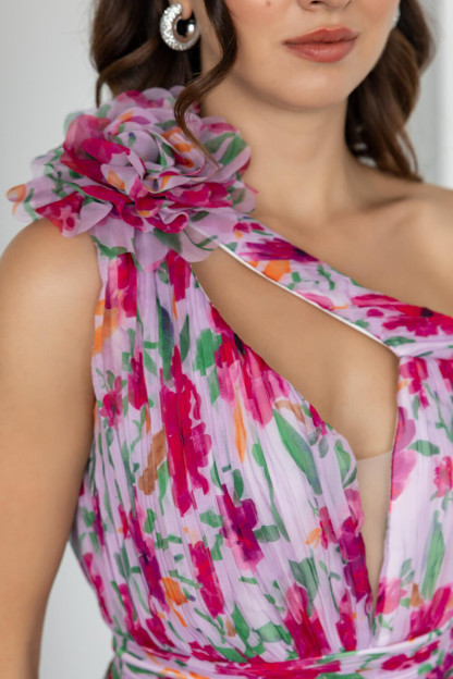 3D Flower One Shoulder Cutout Floral Print Maxi Dresses-Fuchsia [Pre Order]