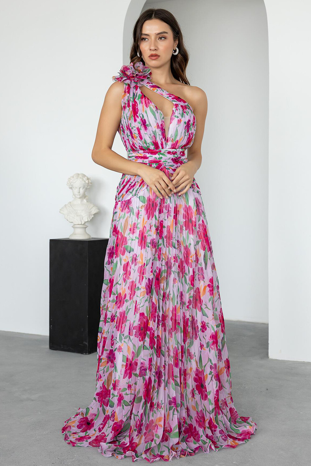 3D Flower One Shoulder Cutout Floral Print Maxi Dresses-Fuchsia [Pre Order]