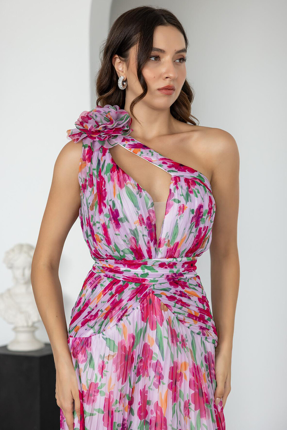 3D Flower One Shoulder Cutout Floral Print Maxi Dresses-Fuchsia [Pre Order]