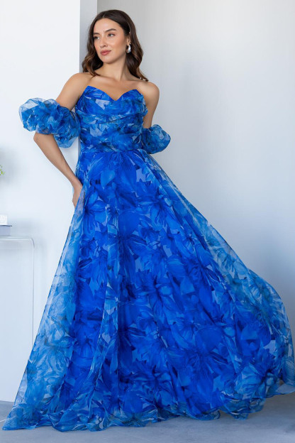 Off Shoulder Puff Sleeve Floral Print Gowns Maxi Dresses-Blue [Pre Order]