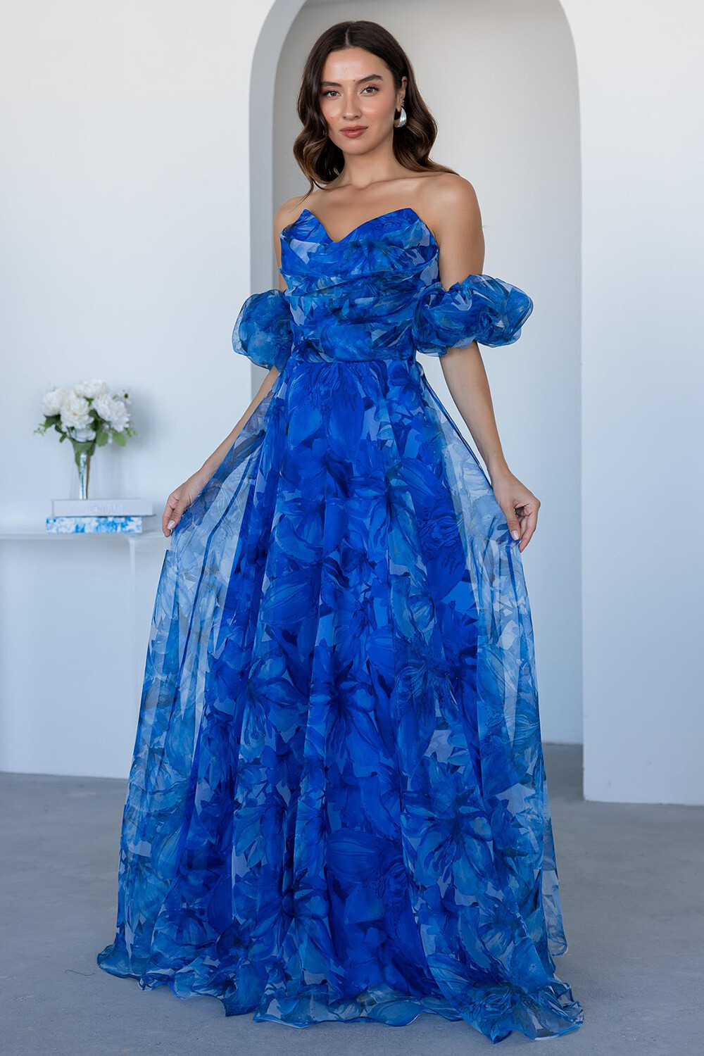 Off Shoulder Puff Sleeve Floral Print Gowns Maxi Dresses-Blue [Pre Ord