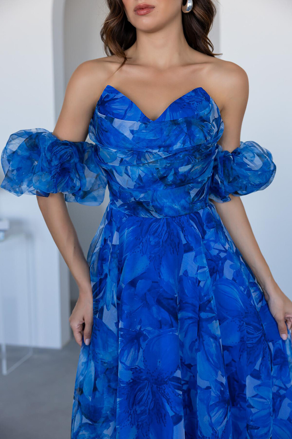Off Shoulder Puff Sleeve Floral Print Gowns Maxi Dresses-Blue [Pre Order]