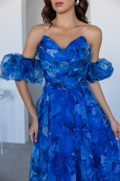Off Shoulder Puff Sleeve Floral Print Gowns Maxi Dresses-Blue [Pre Order]