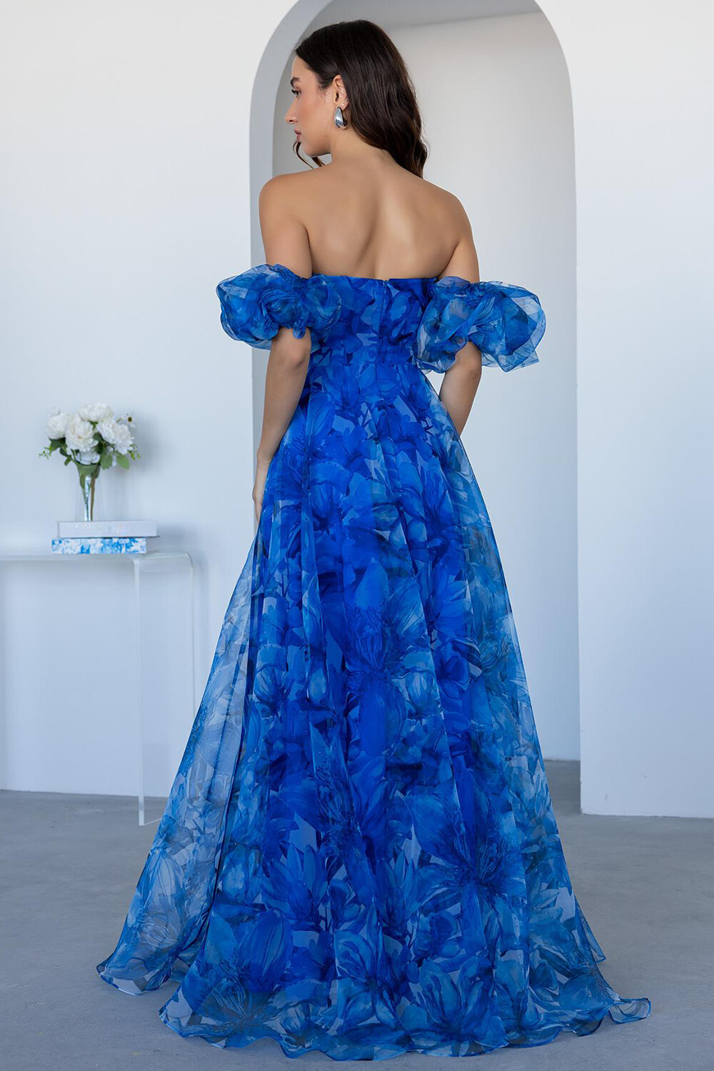 Off Shoulder Puff Sleeve Floral Print Gowns Maxi Dresses-Blue [Pre Order]